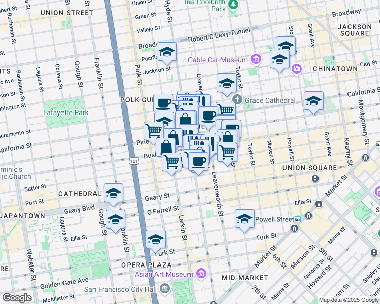 map of restaurants, bars, coffee shops, grocery stores, and more near 900 Hyde Street in San Francisco