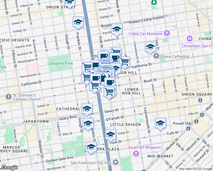 map of restaurants, bars, coffee shops, grocery stores, and more near 1430-1444 Bush Street in San Francisco