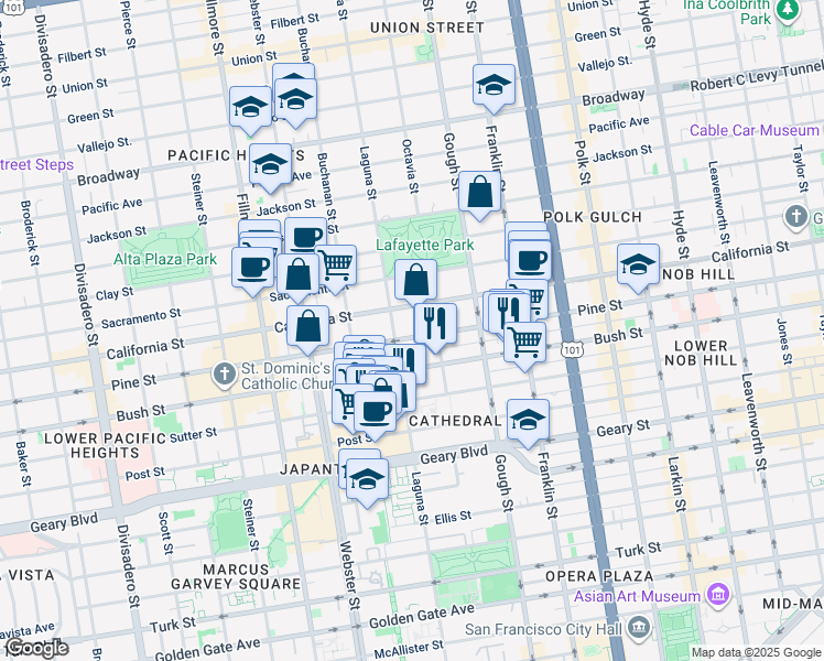 map of restaurants, bars, coffee shops, grocery stores, and more near 2075 California Street in San Francisco