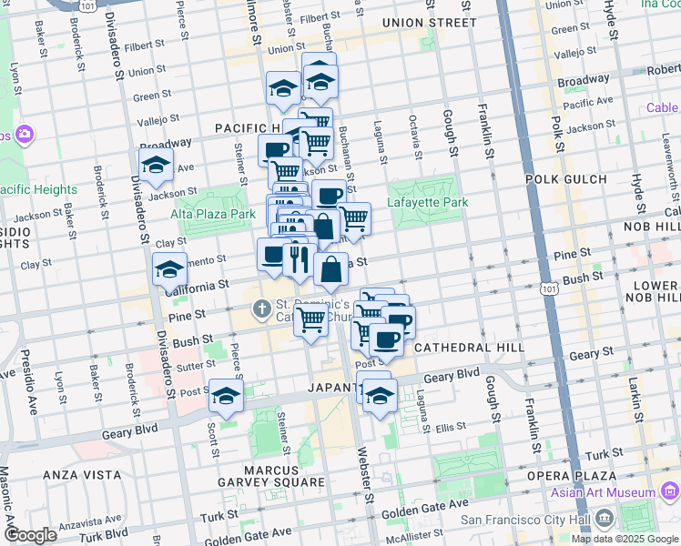 map of restaurants, bars, coffee shops, grocery stores, and more near 2246 California Street in San Francisco