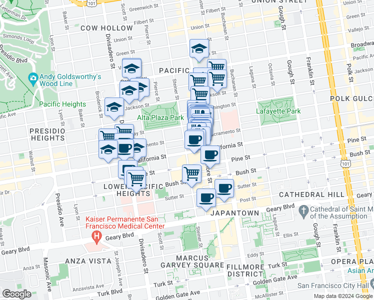 map of restaurants, bars, coffee shops, grocery stores, and more near 2605 Sacramento Street in San Francisco