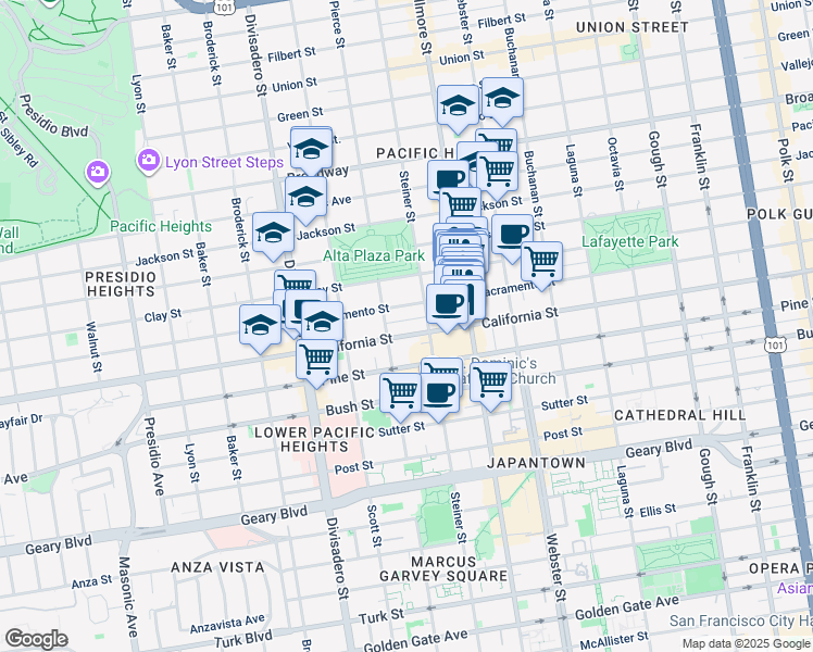 map of restaurants, bars, coffee shops, grocery stores, and more near 2605 Sacramento Street in San Francisco