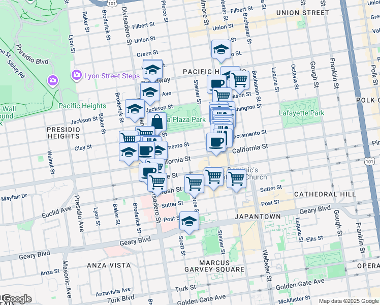 map of restaurants, bars, coffee shops, grocery stores, and more near 2700 Sacramento Street in San Francisco