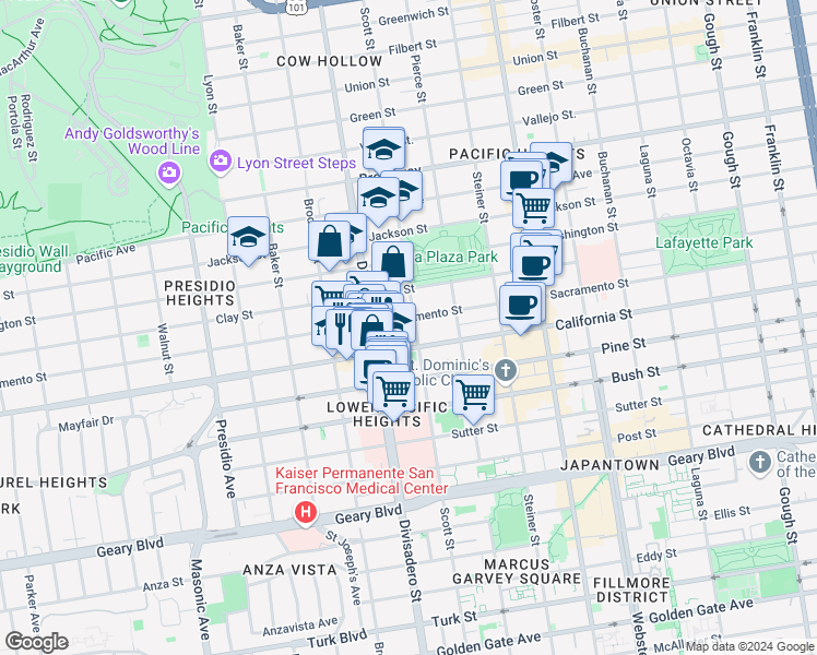 map of restaurants, bars, coffee shops, grocery stores, and more near 2107 Scott Street in San Francisco