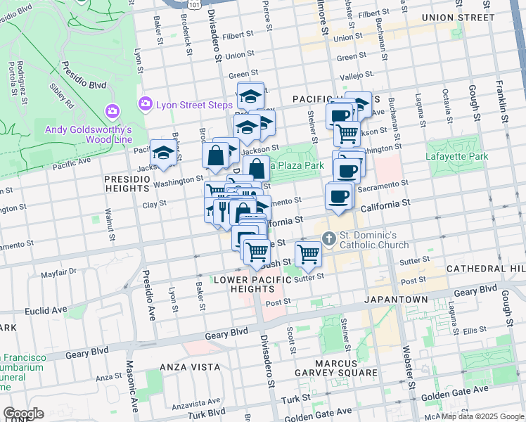 map of restaurants, bars, coffee shops, grocery stores, and more near 2107 Scott Street in San Francisco