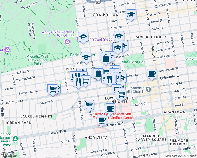 map of restaurants, bars, coffee shops, grocery stores, and more near 3065a Clay Street in San Francisco