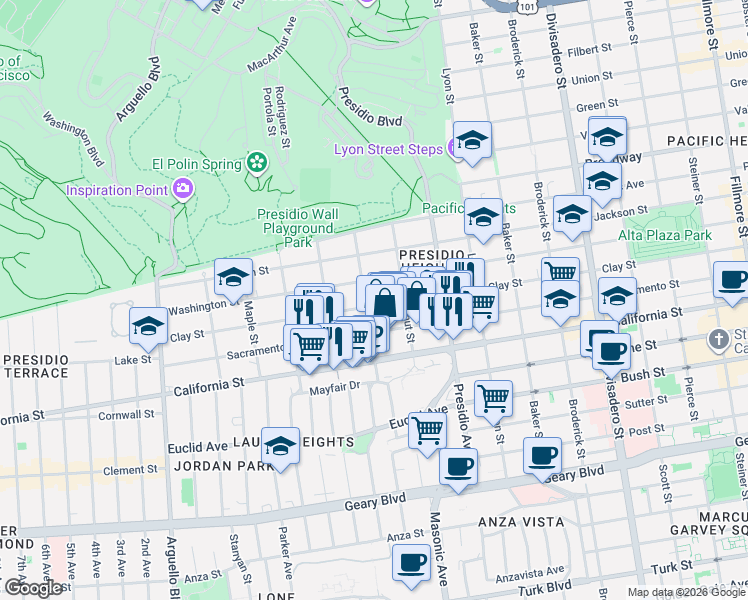 map of restaurants, bars, coffee shops, grocery stores, and more near 3401 Washington Street in San Francisco