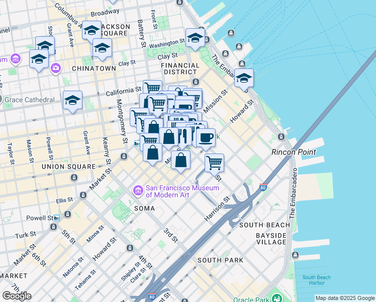 map of restaurants, bars, coffee shops, grocery stores, and more near 500 Howard Street in San Francisco