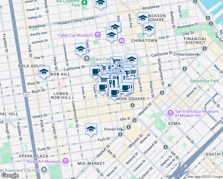 map of restaurants, bars, coffee shops, grocery stores, and more near in San Francisco