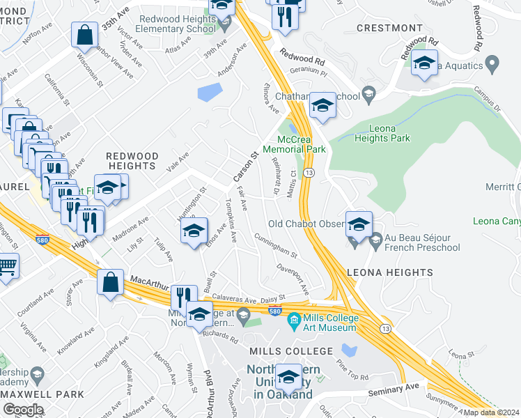 map of restaurants, bars, coffee shops, grocery stores, and more near 4623 Davenport Avenue in Oakland