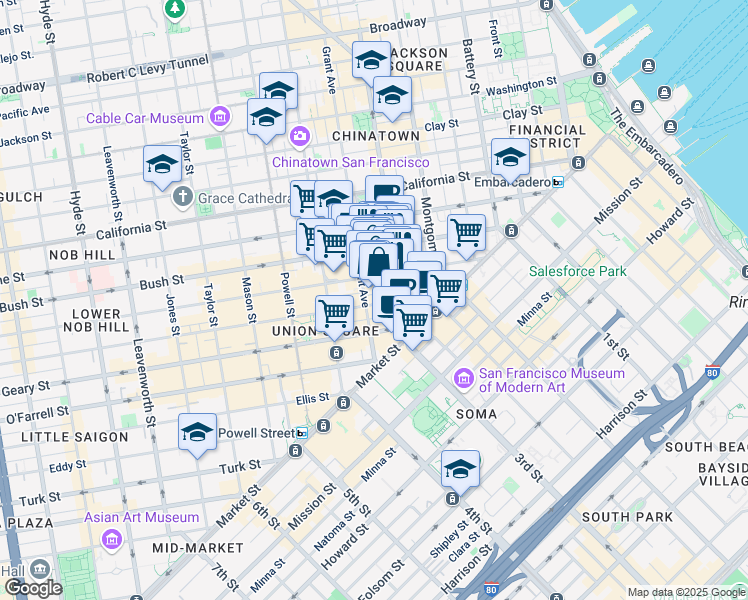 map of restaurants, bars, coffee shops, grocery stores, and more near 255 Sutter Street in San Francisco