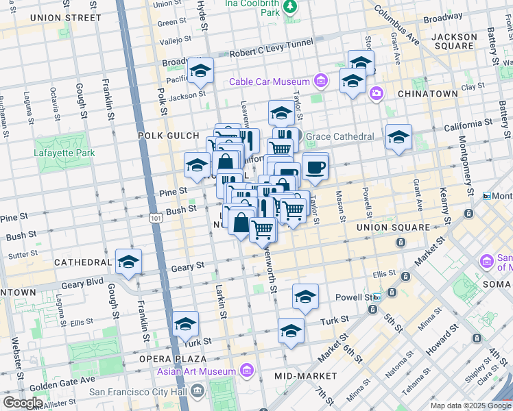 map of restaurants, bars, coffee shops, grocery stores, and more near 806 Sutter Street in San Francisco