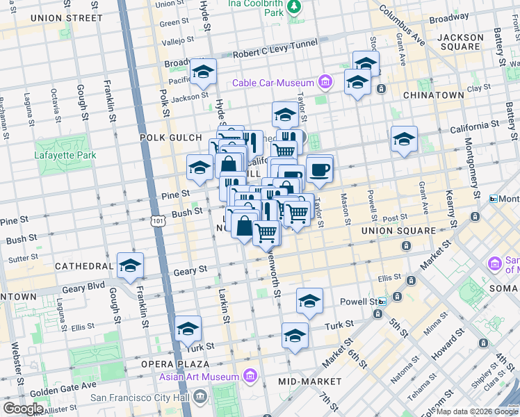 map of restaurants, bars, coffee shops, grocery stores, and more near 839 Leavenworth Street in San Francisco