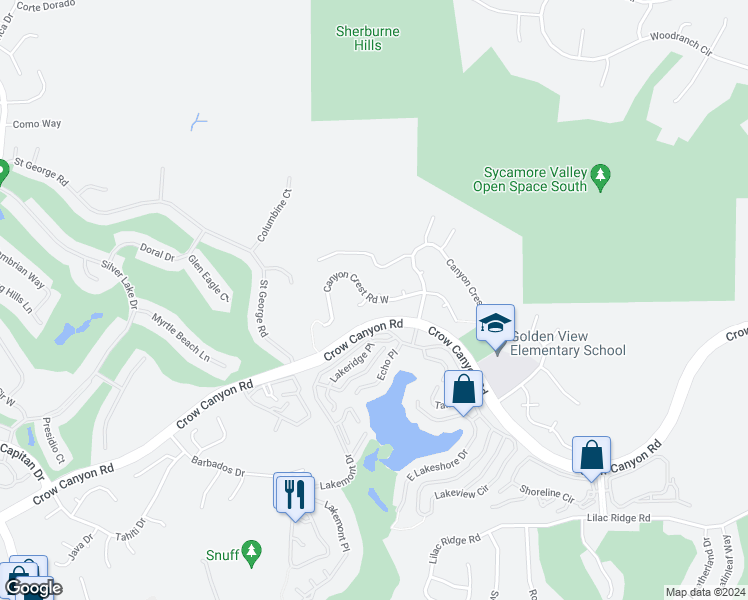 map of restaurants, bars, coffee shops, grocery stores, and more near 4105 Canyon Crest Road West in San Ramon