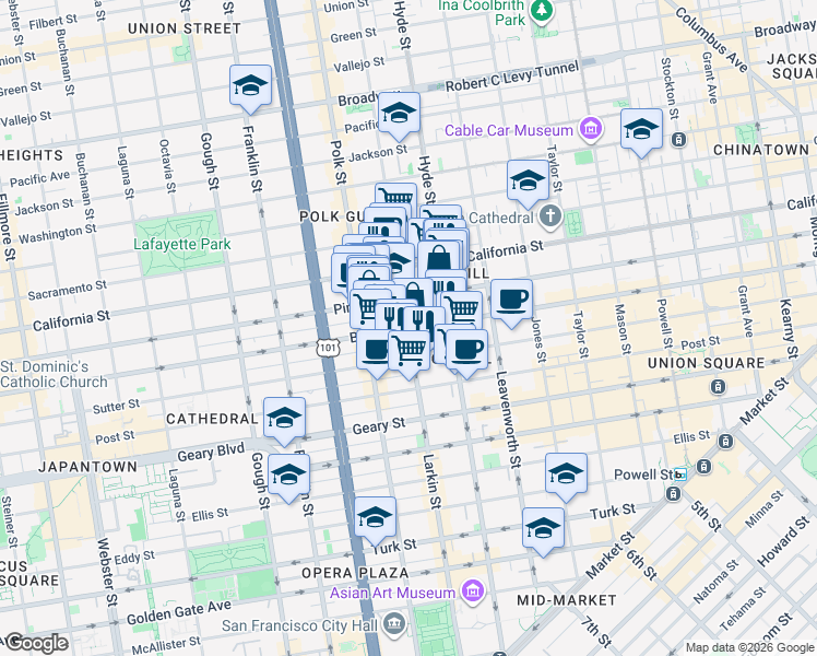 map of restaurants, bars, coffee shops, grocery stores, and more near Bush St & Larkin St in San Francisco