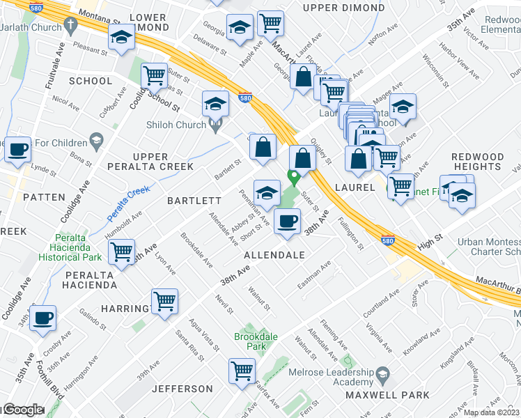 map of restaurants, bars, coffee shops, grocery stores, and more near 3646 Penniman Avenue in Oakland
