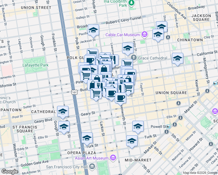 map of restaurants, bars, coffee shops, grocery stores, and more near 1199 Bush Street in San Francisco