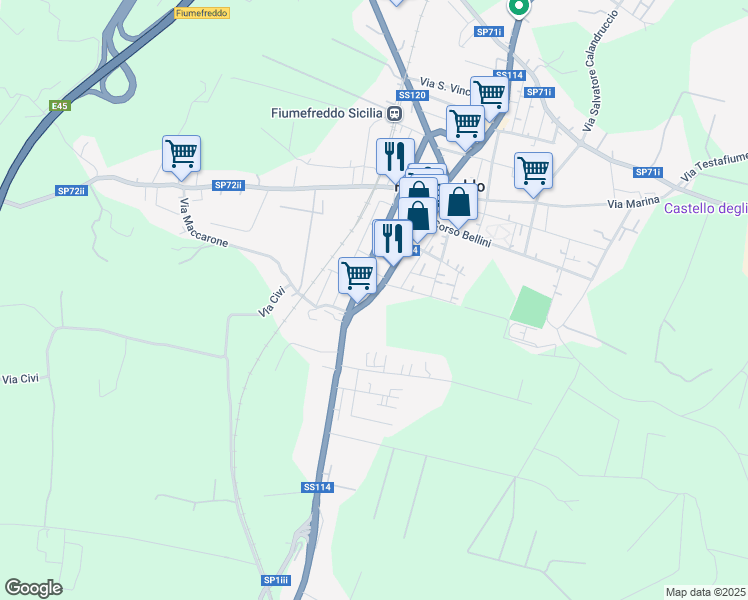 map of restaurants, bars, coffee shops, grocery stores, and more near 276 Via Principe di Piemonte in Fiumefreddo Sicilia