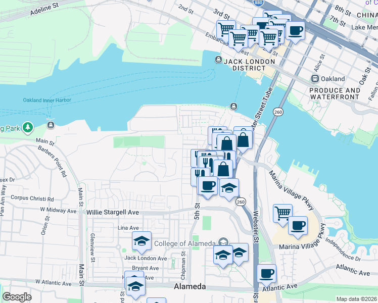 map of restaurants, bars, coffee shops, grocery stores, and more near 436 Itliong Lane in Alameda