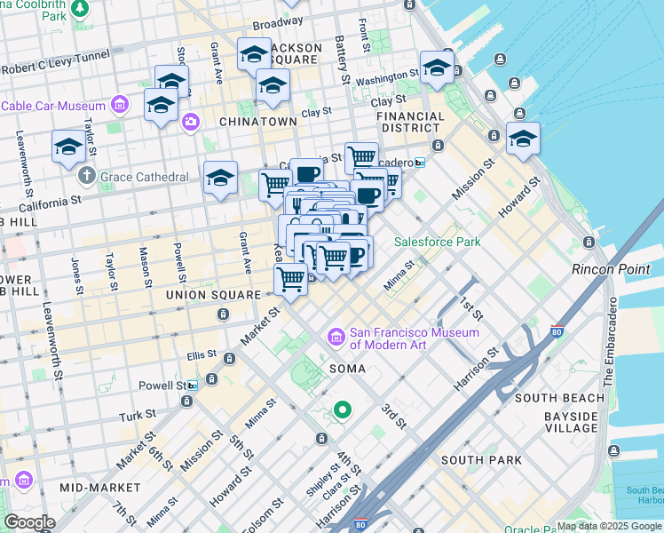 map of restaurants, bars, coffee shops, grocery stores, and more near 578 Market Street in San Francisco