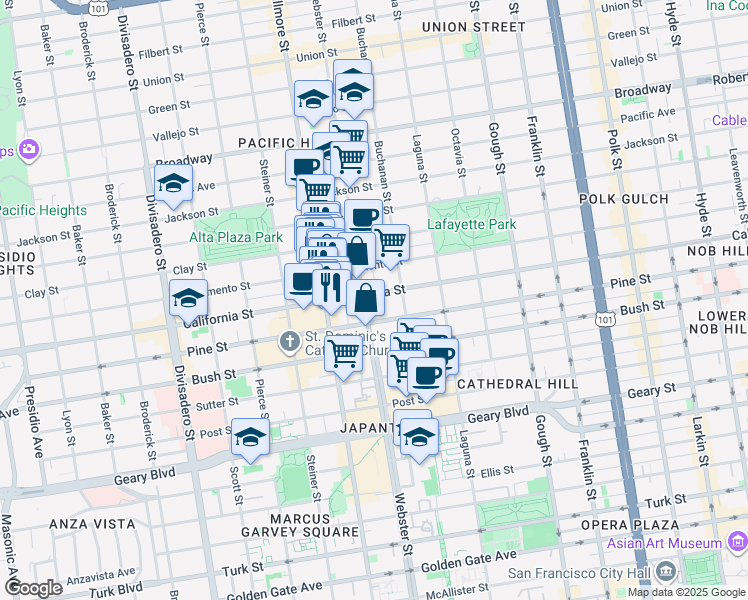 map of restaurants, bars, coffee shops, grocery stores, and more near 2275 California Street in San Francisco