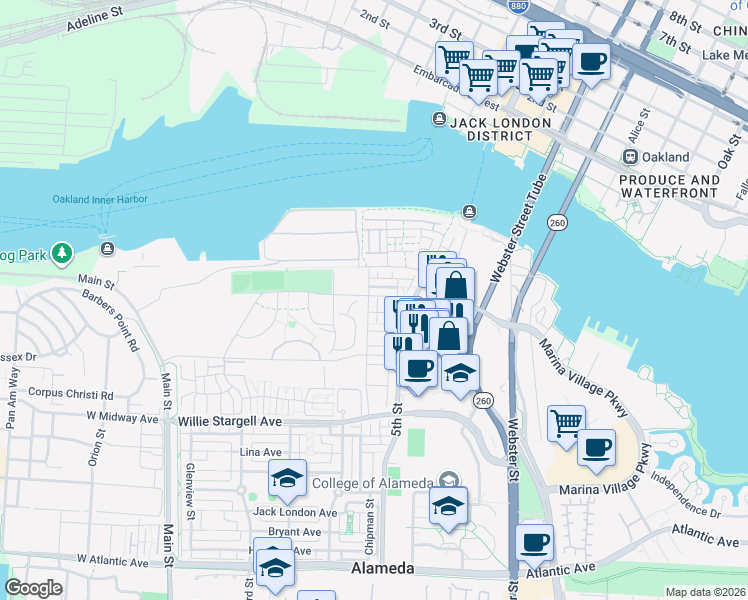 map of restaurants, bars, coffee shops, grocery stores, and more near 402 Mosley Avenue in Alameda