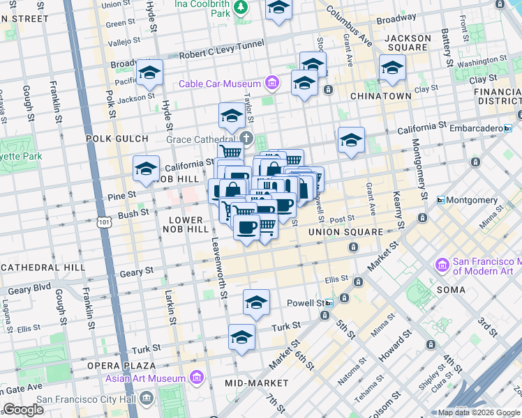 map of restaurants, bars, coffee shops, grocery stores, and more near 895 Bush Street in San Francisco