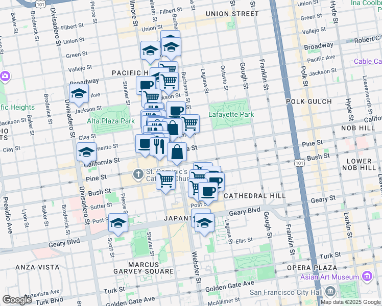 map of restaurants, bars, coffee shops, grocery stores, and more near 2246 California Street in San Francisco