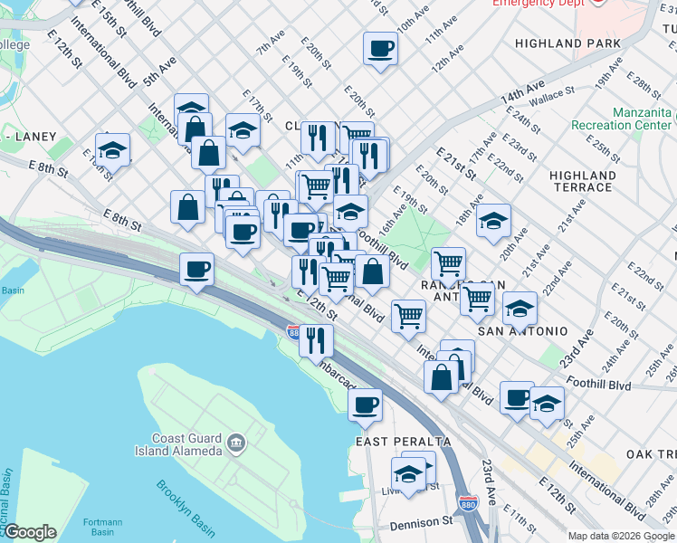 map of restaurants, bars, coffee shops, grocery stores, and more near 1528 International Boulevard in Oakland