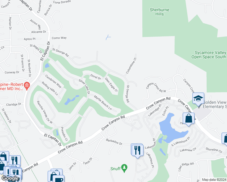 map of restaurants, bars, coffee shops, grocery stores, and more near 743 Glen Eagle Court in Danville
