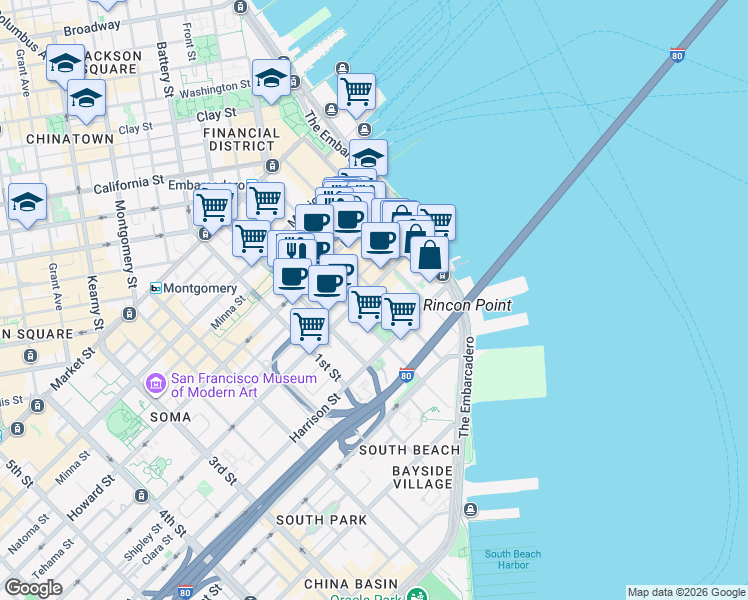 map of restaurants, bars, coffee shops, grocery stores, and more near 318 Main Street in San Francisco
