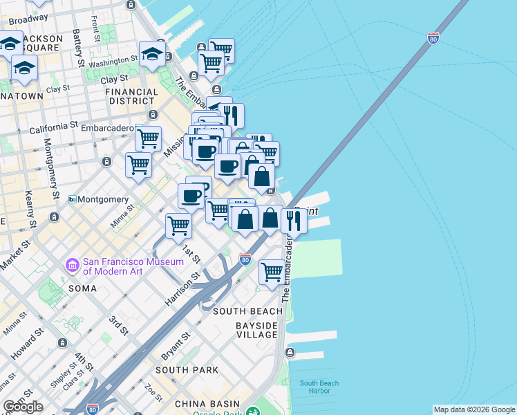 map of restaurants, bars, coffee shops, grocery stores, and more near 388 Spear Street in San Francisco