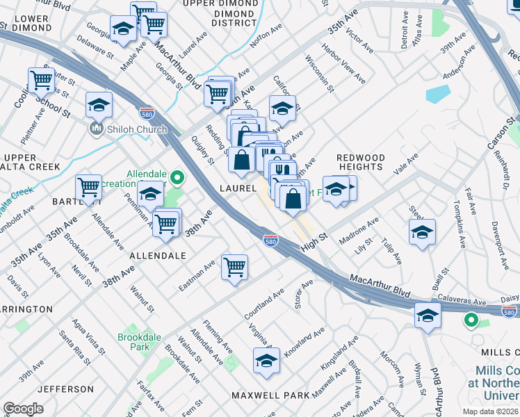 map of restaurants, bars, coffee shops, grocery stores, and more near 4108 Redding Street in Oakland