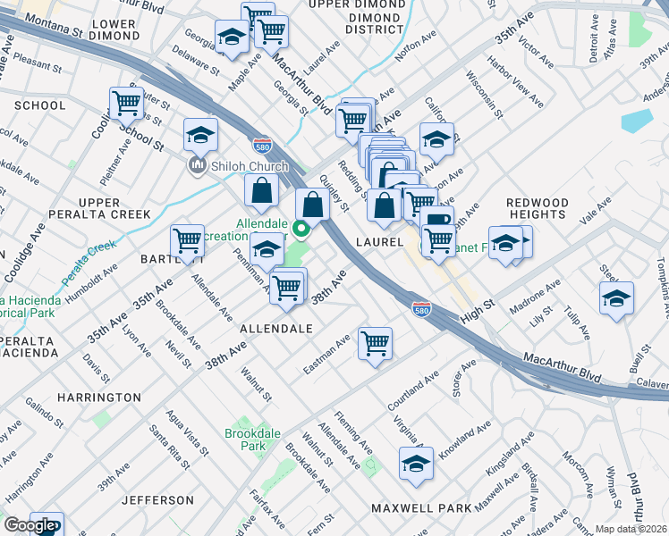 map of restaurants, bars, coffee shops, grocery stores, and more near 3770 Suter Street in Oakland