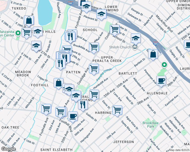 map of restaurants, bars, coffee shops, grocery stores, and more near 3269 Lynde Street in Oakland