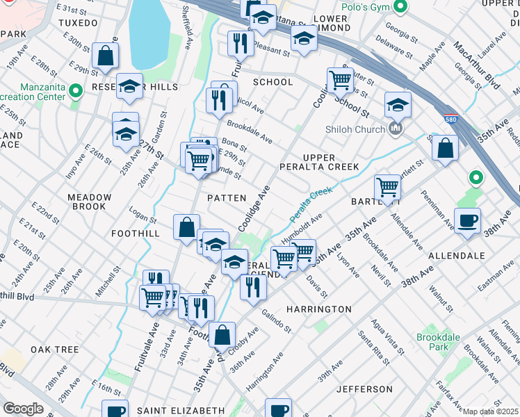 map of restaurants, bars, coffee shops, grocery stores, and more near 2700 Coolidge Avenue in Oakland