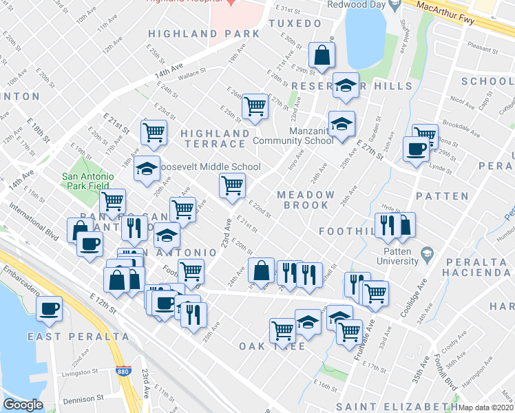 map of restaurants, bars, coffee shops, grocery stores, and more near 2206 23rd Avenue in Oakland