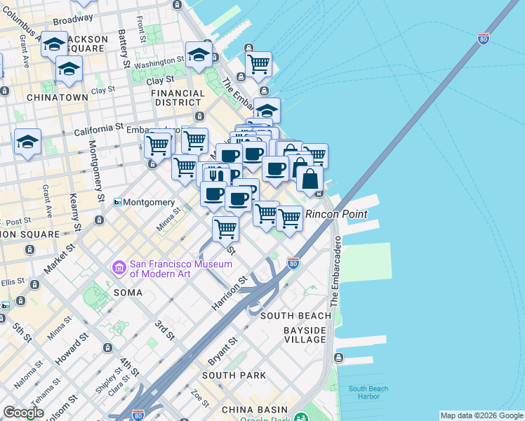 map of restaurants, bars, coffee shops, grocery stores, and more near 272 Main Street in San Francisco