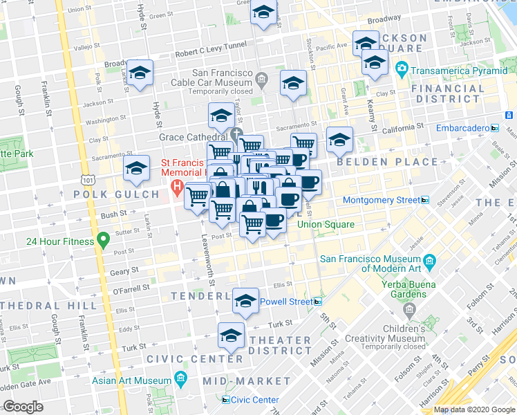 map of restaurants, bars, coffee shops, grocery stores, and more near in San Francisco