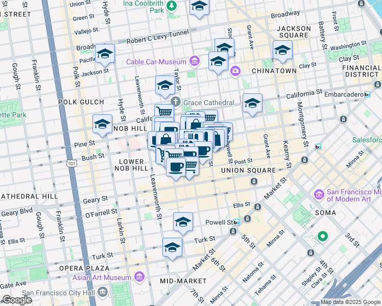 map of restaurants, bars, coffee shops, grocery stores, and more near 895 Bush Street in San Francisco