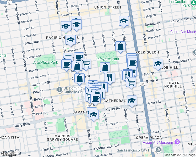 map of restaurants, bars, coffee shops, grocery stores, and more near 2075 California Street in San Francisco