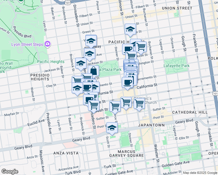 map of restaurants, bars, coffee shops, grocery stores, and more near 2700 Sacramento Street in San Francisco