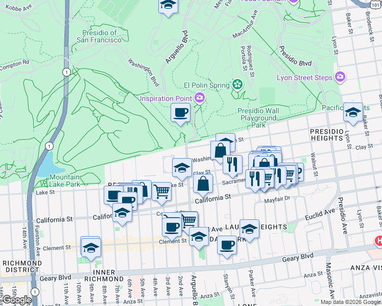 map of restaurants, bars, coffee shops, grocery stores, and more near 3858 Jackson Street in San Francisco