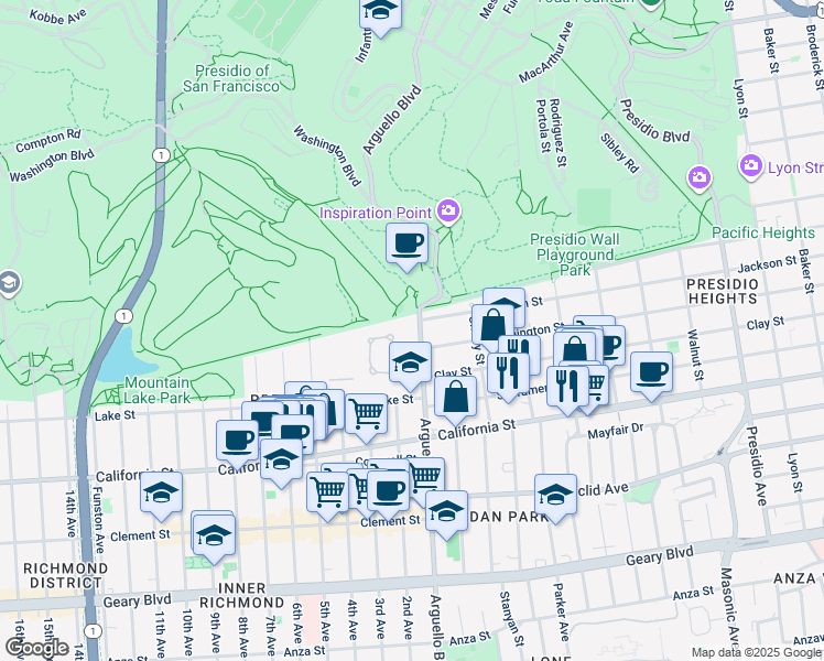 map of restaurants, bars, coffee shops, grocery stores, and more near 15 Arguello Boulevard in San Francisco