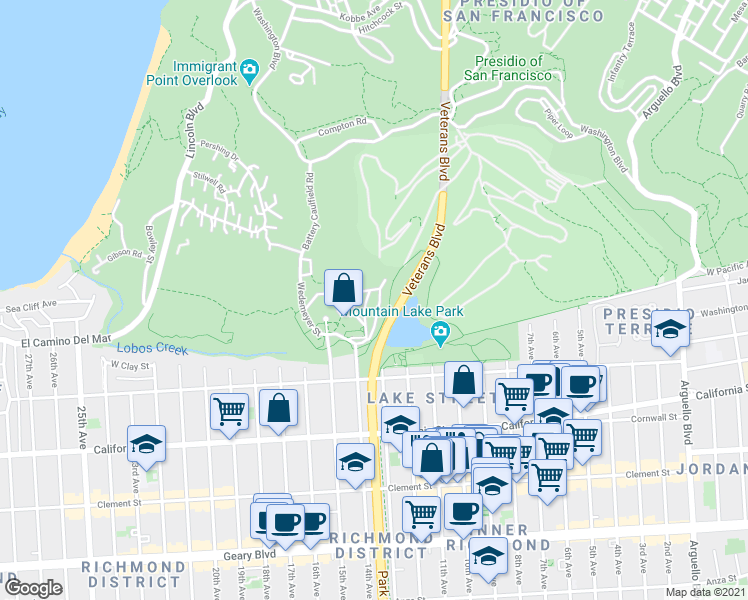 map of restaurants, bars, coffee shops, grocery stores, and more near 1809 Wyman Avenue in San Francisco