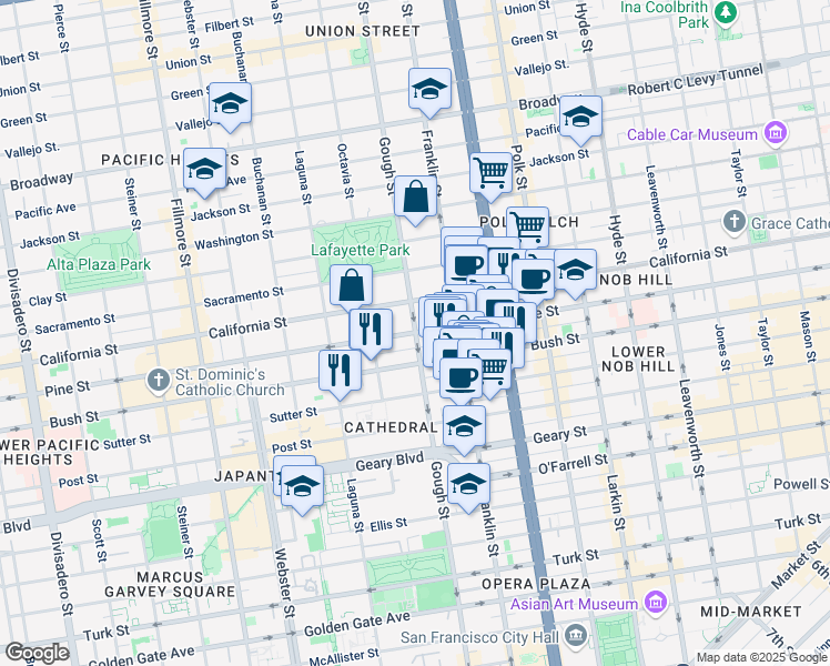 map of restaurants, bars, coffee shops, grocery stores, and more near Gough St & Pine St in San Francisco