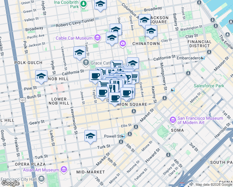 map of restaurants, bars, coffee shops, grocery stores, and more near in San Francisco