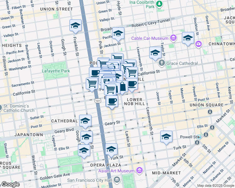 map of restaurants, bars, coffee shops, grocery stores, and more near 1330 Bush Street in San Francisco