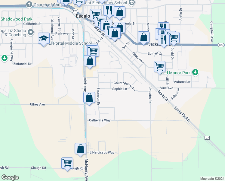 map of restaurants, bars, coffee shops, grocery stores, and more near 1537 Sophie Lane in Escalon