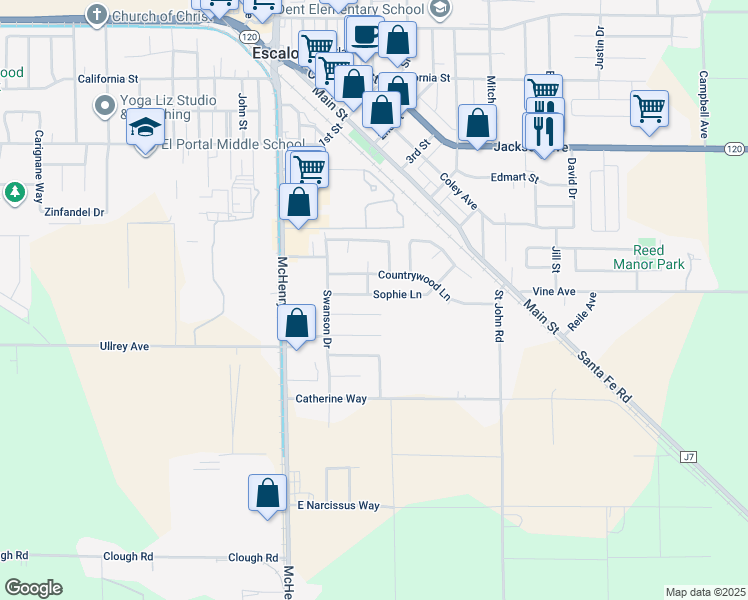 map of restaurants, bars, coffee shops, grocery stores, and more near 1537 Sophie Lane in Escalon